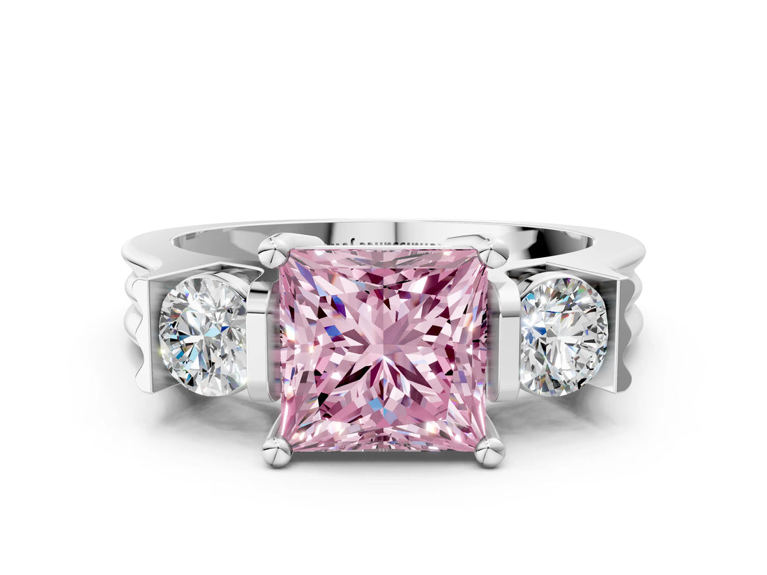 Silver Three-Stone Fancy Pink Princess Cut Cut Classic Band Prong Setting Ring_6
