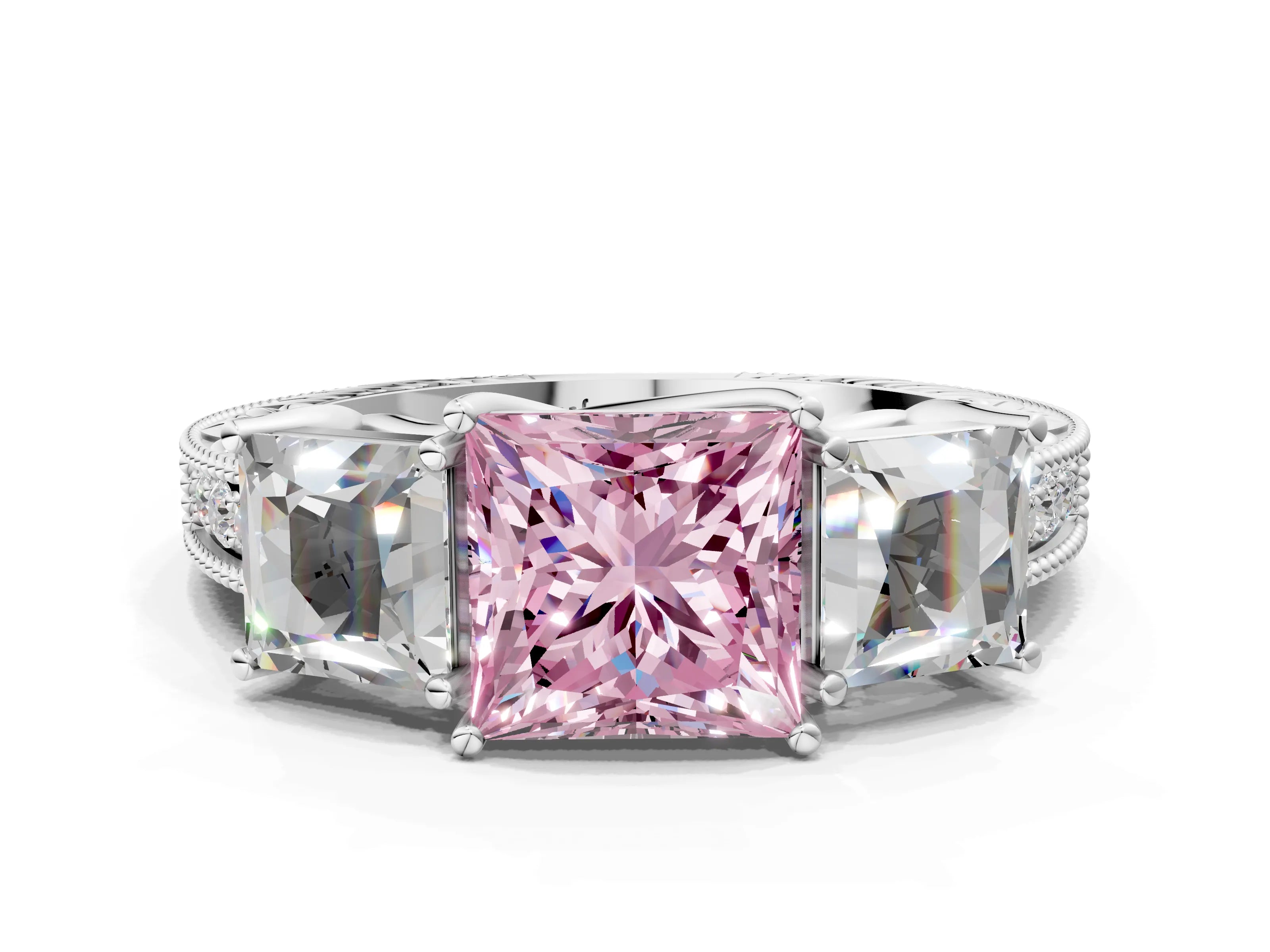 Silver Three-Stone Fancy Pink Princess Cut Cut Milgrain Pavé Engagement Ring_18