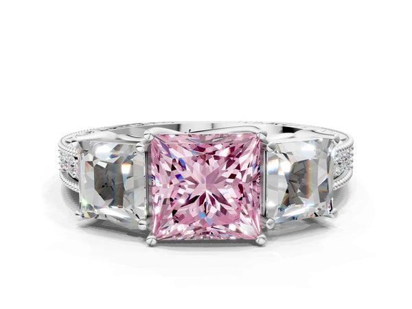 Sterling Silver Princess Cut Engraved Three Stone Engagement Ring Setting for Fancy Pink Center