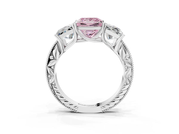 Sterling Silver Princess Cut Engraved Three Stone Engagement Ring Setting for Fancy Pink Center