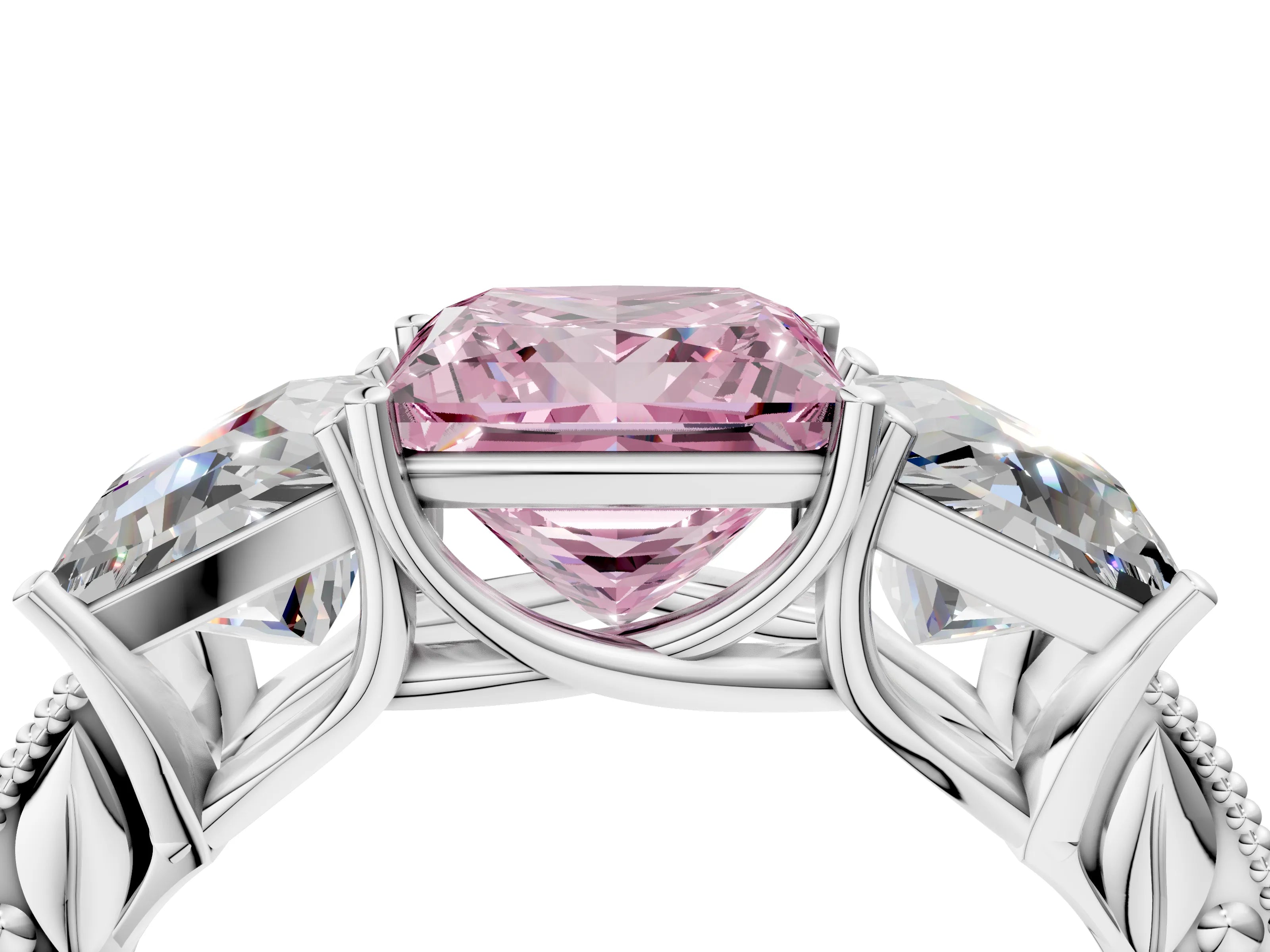 Silver Three-Stone Fancy Pink Princess Cut Cut Milgrain Pavé Engagement Ring_22