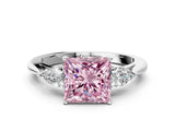 Silver Three-Stone Fancy Pink Princess Cut Diamond Ring with Pear  Side Stones in Four-Prong Setting_12
