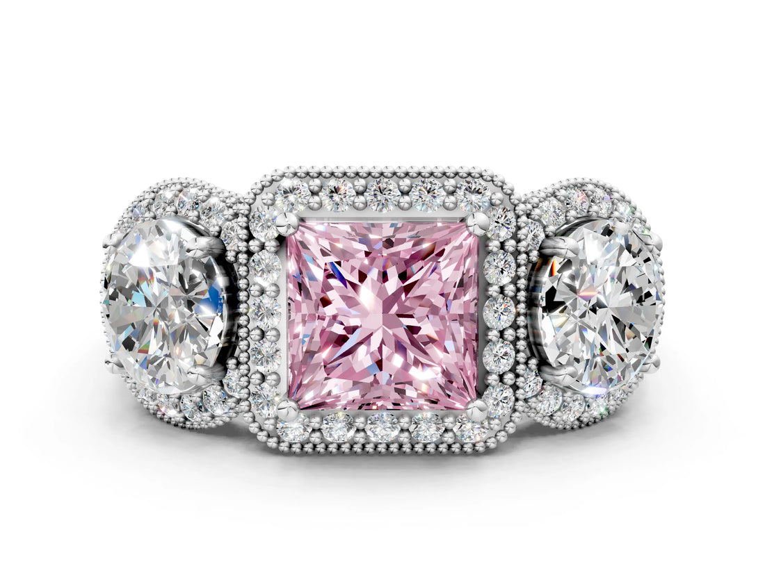 Silver Three-Stone Fancy Pink Princess Cut Halo Diamond Milgrain Band with Four-Prong Setting_6