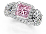 Silver Three-Stone Fancy Pink Princess Cut Halo Diamond Milgrain Band with Four-Prong Setting_7
