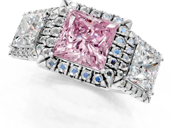 Silver Three-Stone Fancy Pink Princess Cut Halo Diamond Ring with Pave Band and Four-Prong Setting