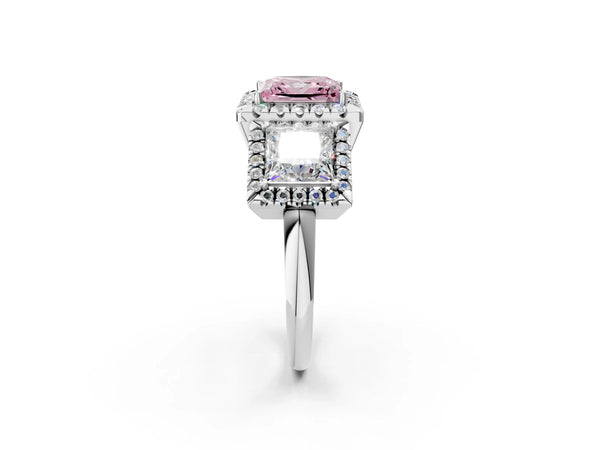 Silver Three-Stone Fancy Pink Princess Cut Halo Diamond Ring with Pave Band and Four-Prong Setting