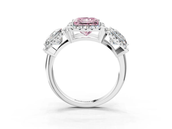 Silver Three-Stone Fancy Pink Princess Cut Halo Diamond Ring with Pave Band and Four-Prong Setting