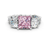Silver Three-Stone Fancy Pink Princess  Diamond Milgrain Pave Band with Prong Setting 1