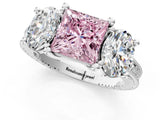 Silver Three-Stone Fancy Pink Princess  Diamond Milgrain Pave Band with Prong Setting 2