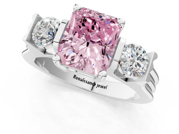 Silver Three-Stone Fancy Pink Radiant Cut Classic Band Prong Setting Ring