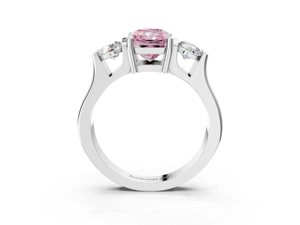 Silver Three-Stone Fancy Pink Radiant Cut Classic Band Prong Setting Ring