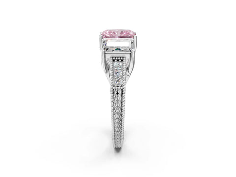 Silver Three-Stone Fancy Pink Radiant Cut Cut Milgrain Pavé Engagement Ring_20