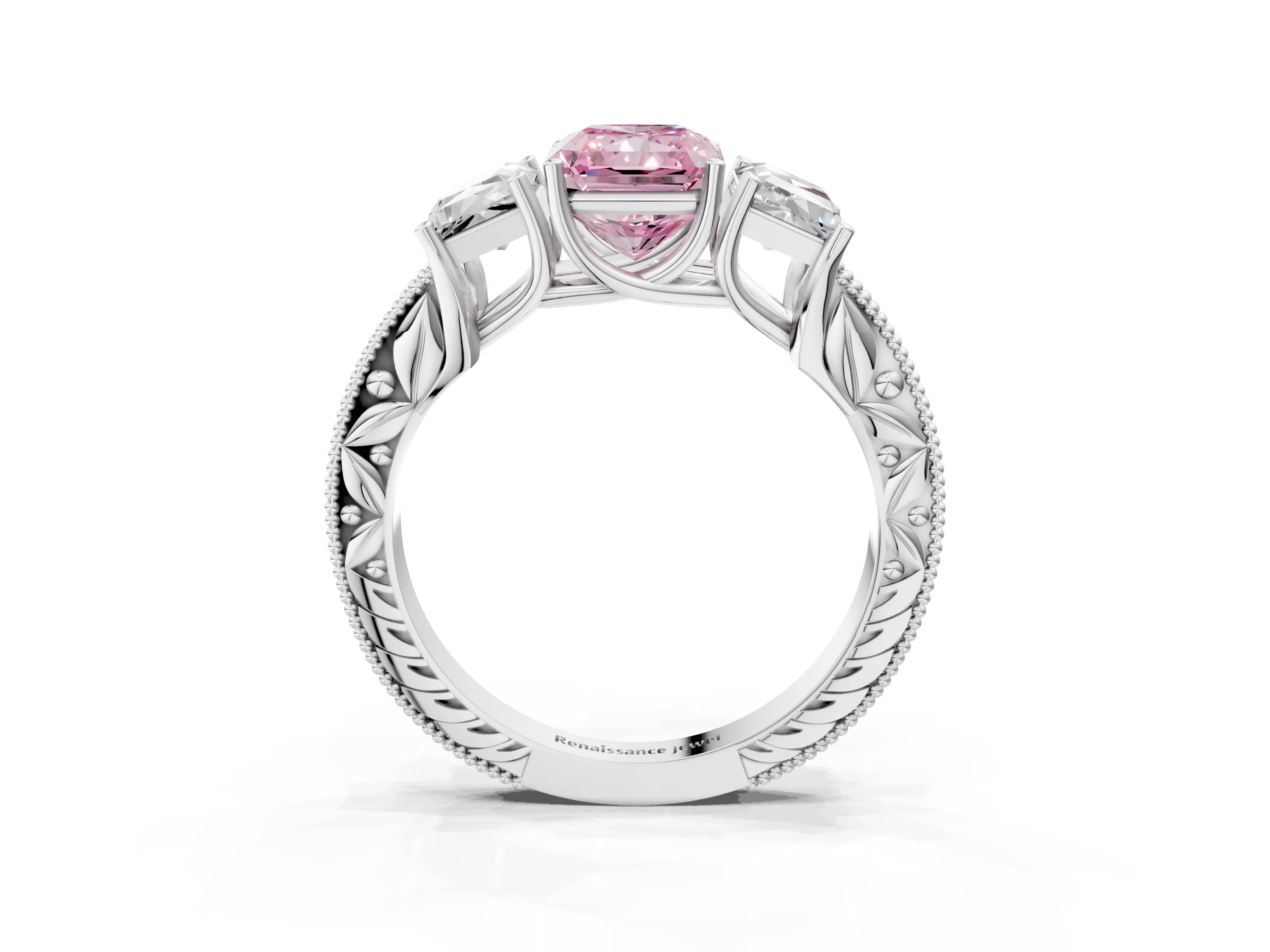 Silver Three-Stone Fancy Pink Radiant Cut Cut Milgrain Pavé Engagement Ring_21