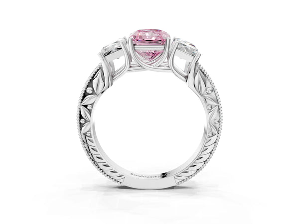 Sterling Silver Radiant Cut Engraved Three Stone Engagement Ring Setting for Fancy Pink Center