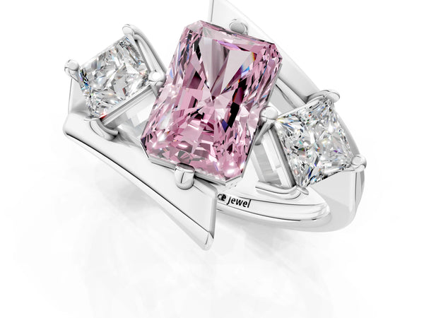Silver Three-Stone Fancy Pink Radiant Cut Cut Tension Band Ring with Four-Prong Setting