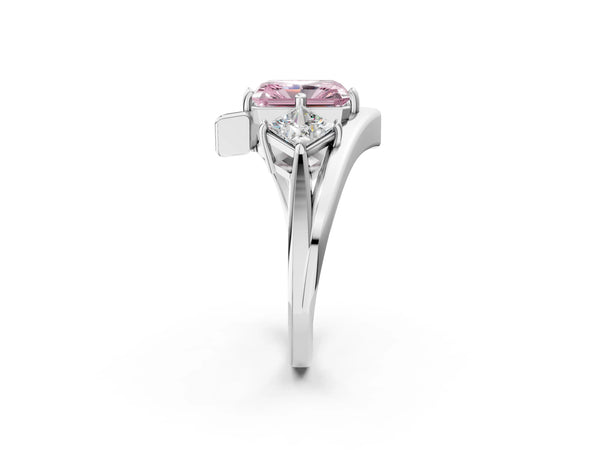 Silver Three-Stone Fancy Pink Radiant Cut Cut Tension Band Ring with Four-Prong Setting