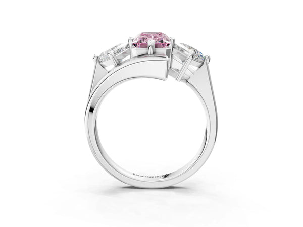 Silver Three-Stone Fancy Pink Radiant Cut Cut Tension Band Ring with Four-Prong Setting