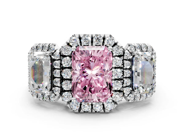 Silver Three-Stone Fancy Pink Radiant Cut Halo Diamond Ring with Pave Band and Four-Prong Setting