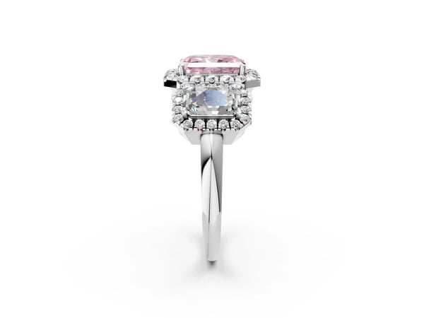 Silver Three-Stone Fancy Pink Radiant Cut Halo Diamond Ring with Pave Band and Four-Prong Setting