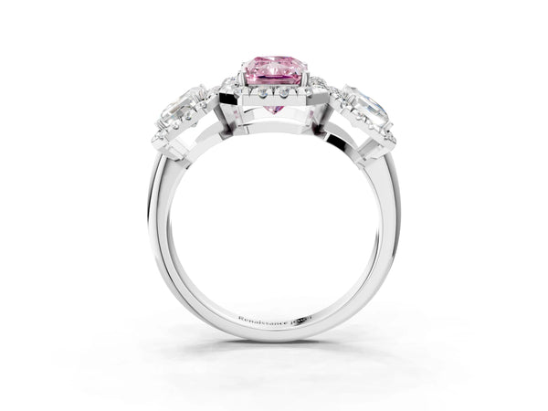Silver Three-Stone Fancy Pink Radiant Cut Halo Diamond Ring with Pave Band and Four-Prong Setting