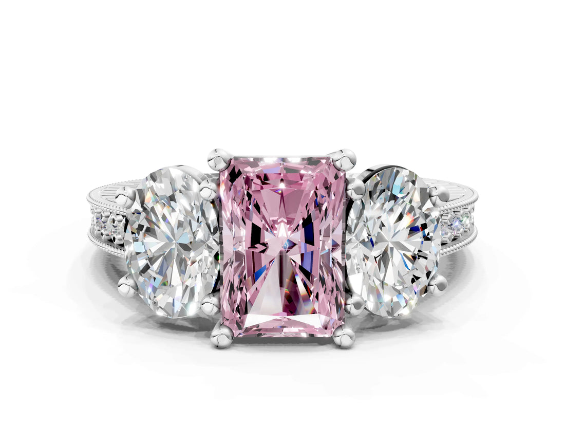 Silver Three-Stone Fancy Pink Radiant  Diamond Milgrain Pave Band with Prong Setting