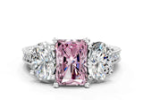 Silver Three-Stone Fancy Pink Radiant  Diamond Milgrain Pave Band with Prong Setting