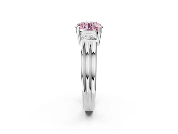 Silver Three-Stone Fancy Pink Round Cut Classic Band Prong Setting Ring