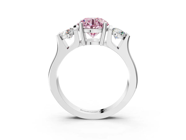 Silver Three-Stone Fancy Pink Round Cut Classic Band Prong Setting Ring