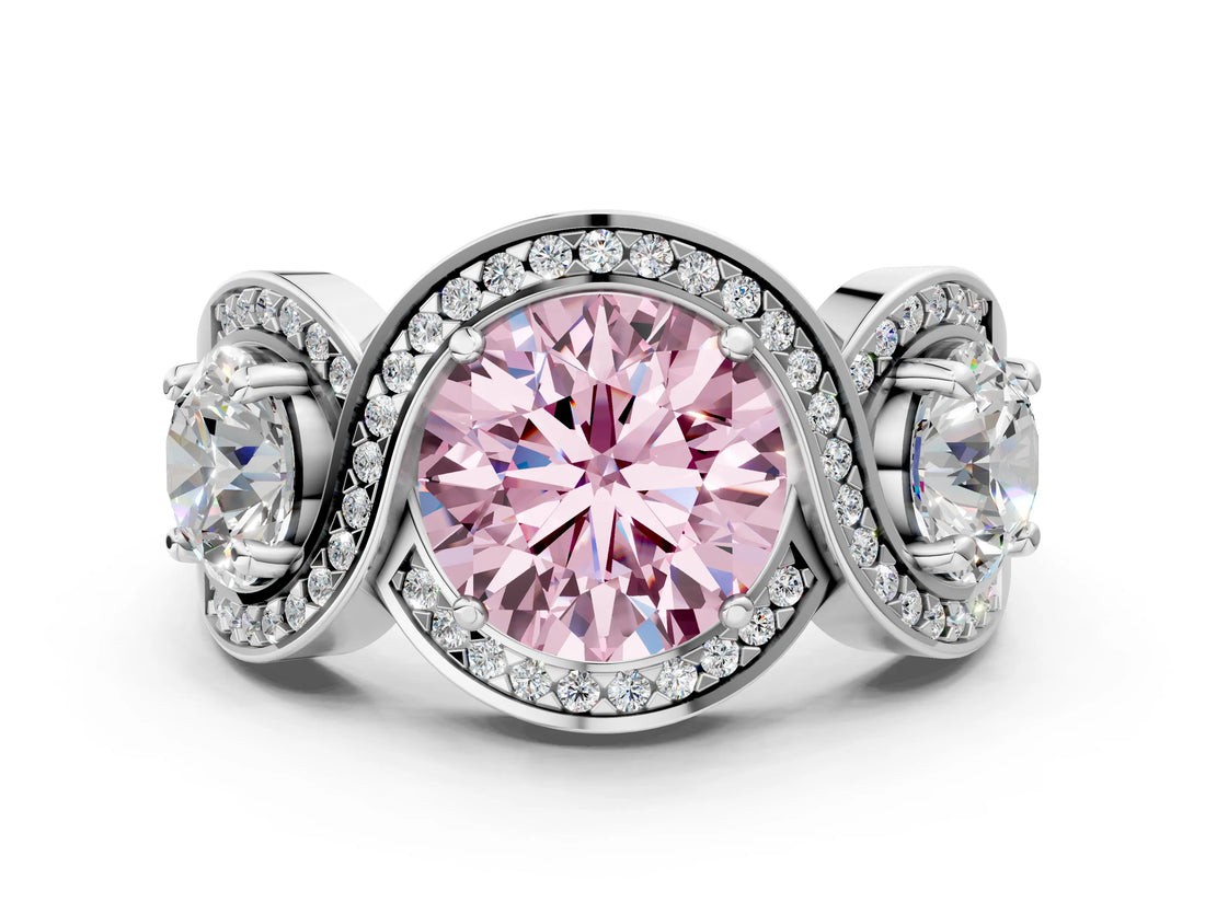 Silver Three-Stone Fancy Pink Round Cut Diamond Wave Pave Band with Prong Setting_6