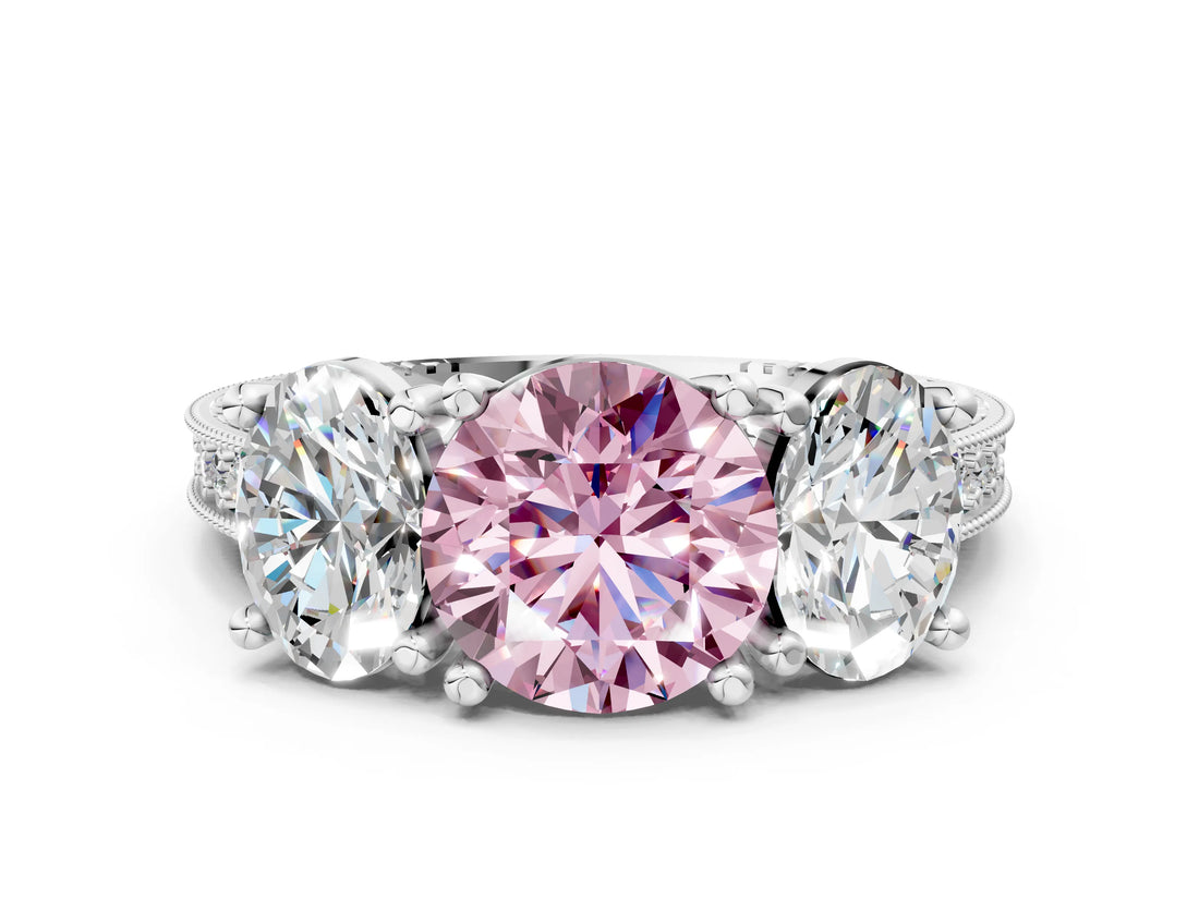 Silver Three-Stone Fancy Pink Round  Diamond Milgrain Pave Band with Prong Setting 1