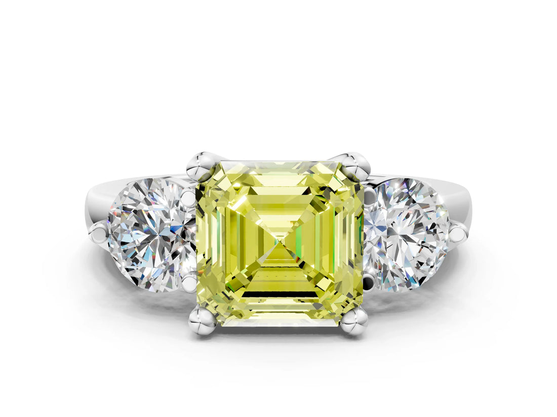 Silver Three-Stone Fancy Yellow Asscher  Brilliant Cut Solitaire Ring with Prong Setting on a Classic Band 1