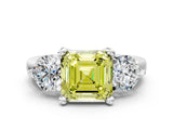 Silver Three-Stone Fancy Yellow Asscher  Brilliant Cut Solitaire Ring with Prong Setting on a Classic Band 1