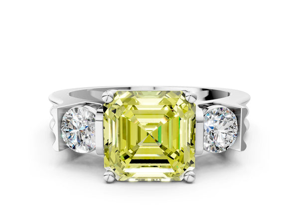 Silver Three-Stone Fancy Yellow Asscher Cut Classic Band Prong Setting Ring
