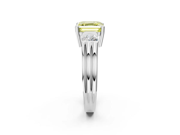 Silver Three-Stone Fancy Yellow Asscher Cut Classic Band Prong Setting Ring