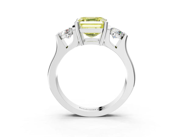 Silver Three-Stone Fancy Yellow Asscher Cut Classic Band Prong Setting Ring