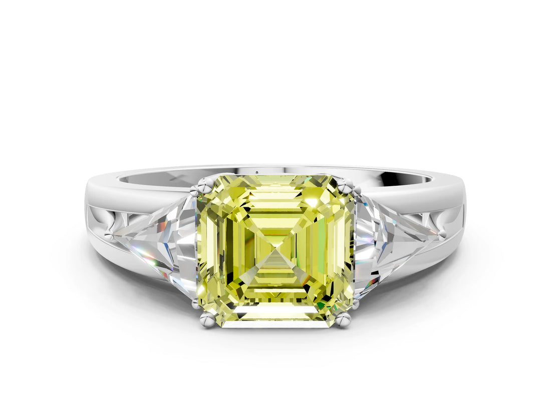 Silver Three-Stone Fancy Yellow Asscher Cut Cut Diamond Ring with Trillion Side Stones on a Split Shank Band_30