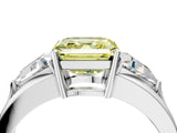 Silver Three-Stone Fancy Yellow Asscher Cut Cut Diamond Ring with Trillion Side Stones on a Split Shank Band_34