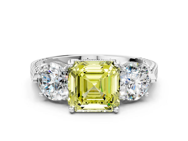 Sterling Silver Asscher Cut Vintage Three Stone Engagement Ring Setting for Fancy Yellow Center