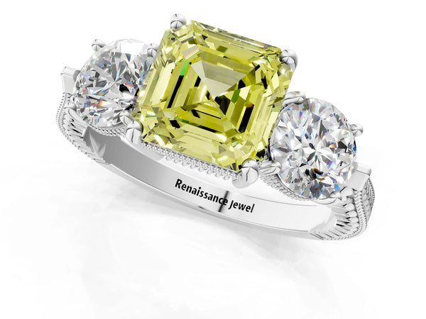 Sterling Silver Asscher Cut Vintage Three Stone Engagement Ring Setting for Fancy Yellow Center