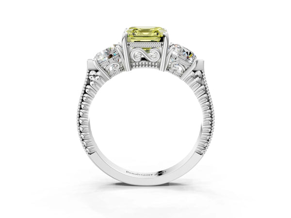 Sterling Silver Asscher Cut Vintage Three Stone Engagement Ring Setting for Fancy Yellow Center