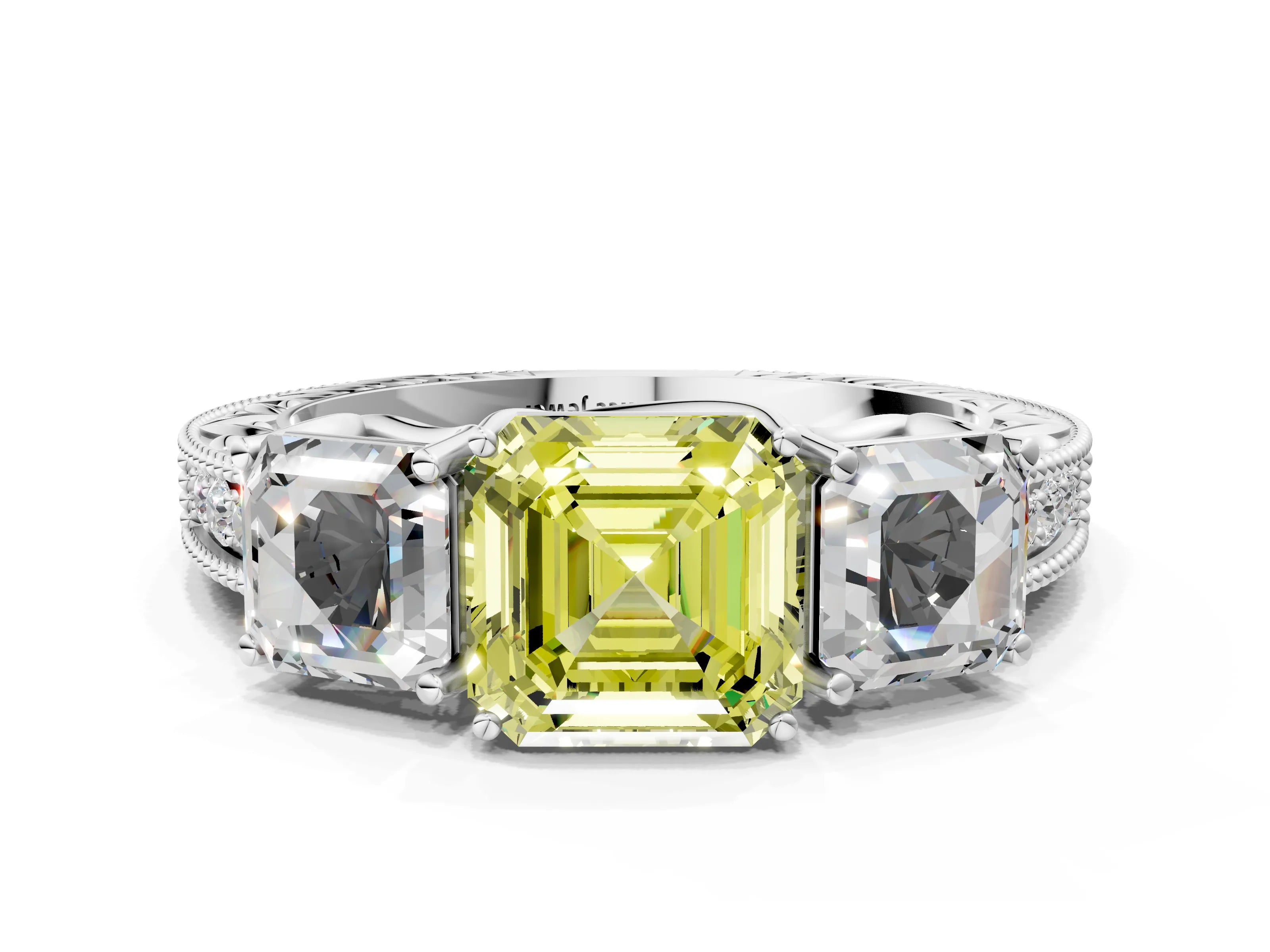 Silver Three-Stone Fancy Yellow Asscher Cut Cut Milgrain Pavé Engagement Ring_24