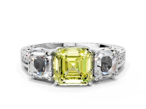 Silver Three-Stone Fancy Yellow Asscher Cut Cut Milgrain Pavé Engagement Ring_24