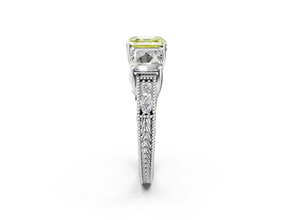 Sterling Silver Asscher Cut Engraved Three Stone Engagement Ring Setting for Fancy Yellow Center