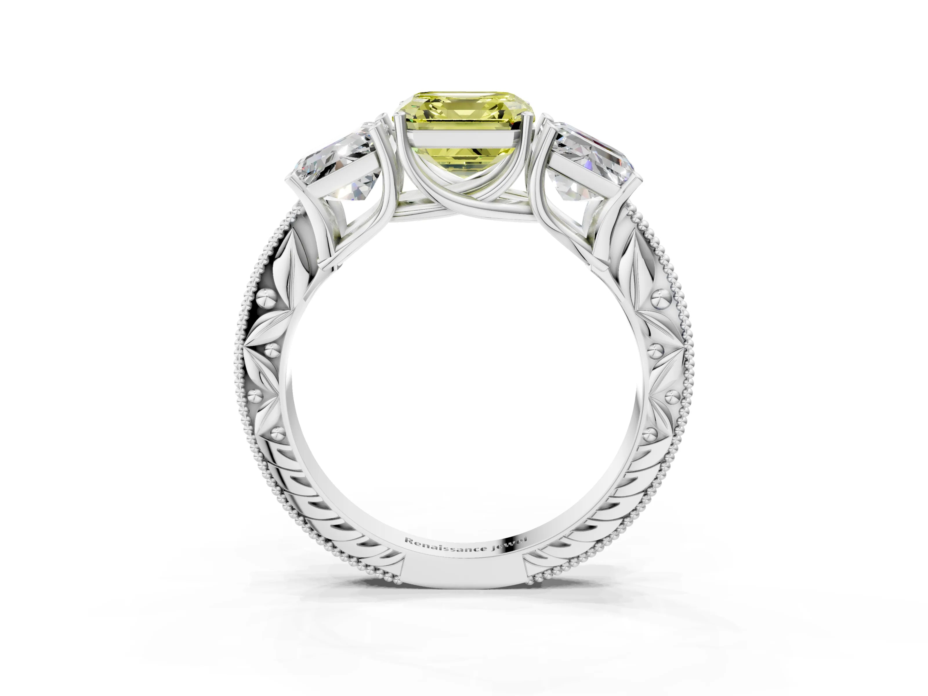 Silver Three-Stone Fancy Yellow Asscher Cut Cut Milgrain Pavé Engagement Ring_27