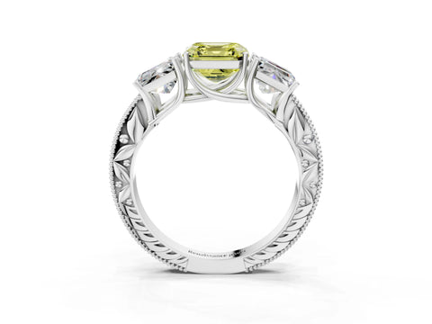 Silver Three-Stone Fancy Yellow Asscher Cut Cut Milgrain Pavé Engagement Ring_27