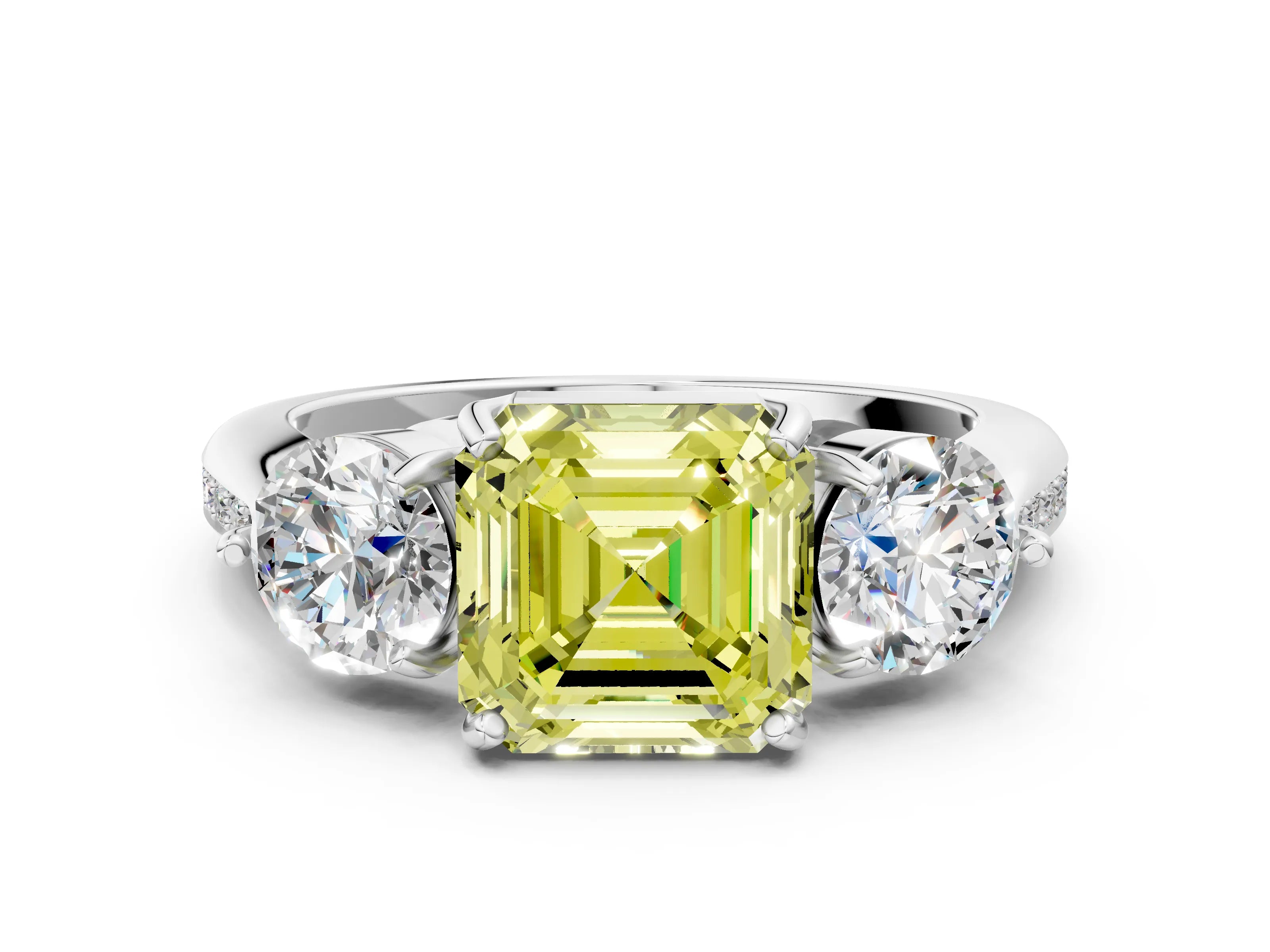 Silver Three-Stone Fancy Yellow Asscher Cut Diamond Channel Set Engagement Ring with Prong Setting_26