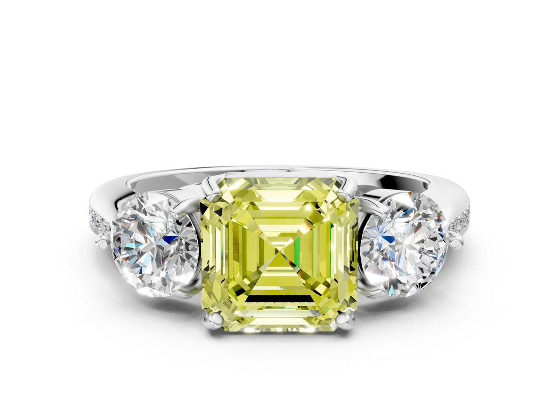 Silver Three-Stone Fancy Yellow Asscher Cut Diamond Channel Set Engagement Ring with Prong Setting_26