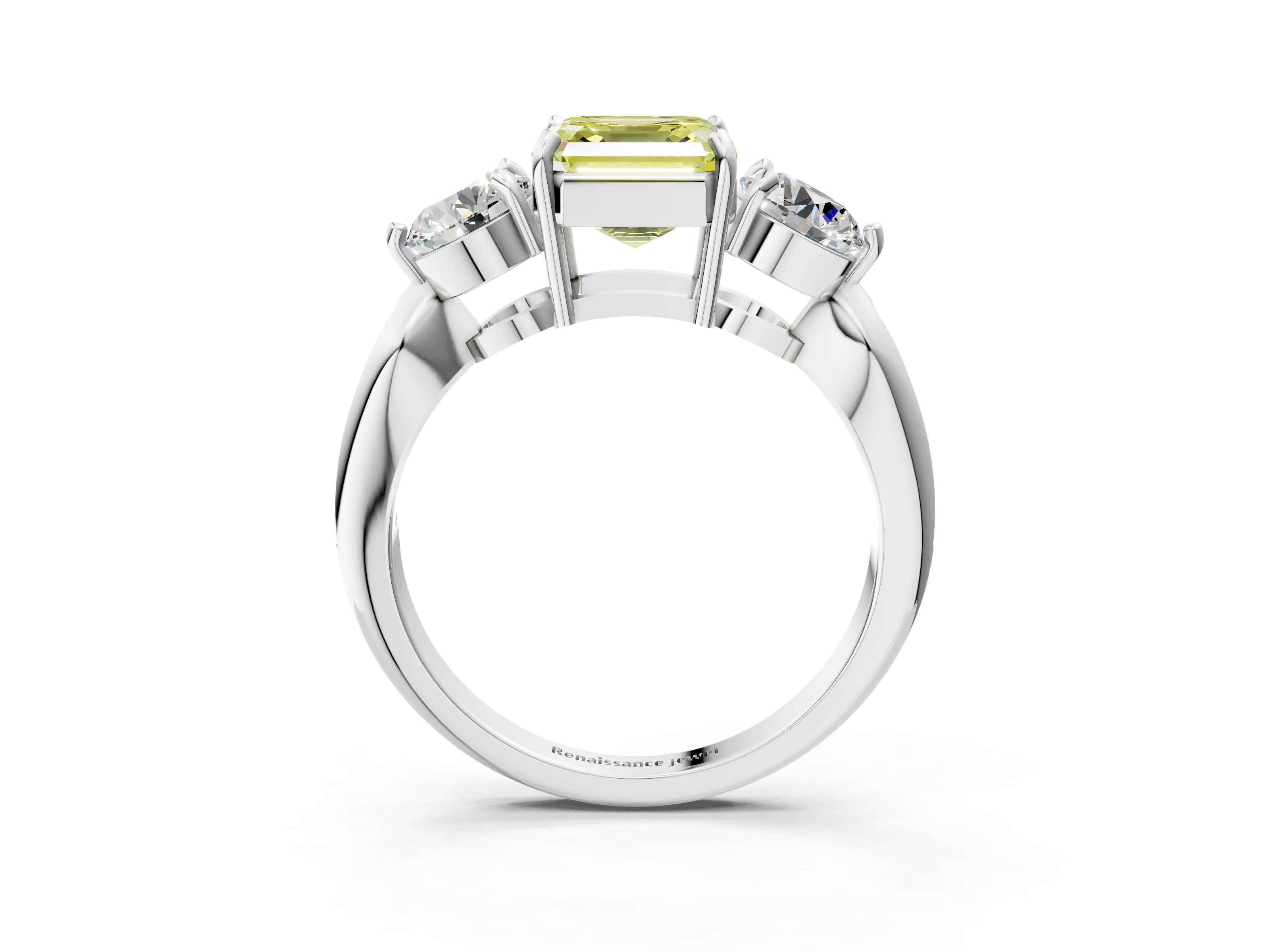 Silver Three-Stone Fancy Yellow Asscher Cut Diamond Channel Set Engagement Ring with Prong Setting_29