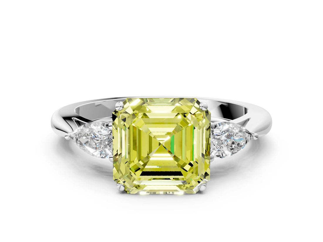 Silver Three-Stone Fancy Yellow Asscher Cut Diamond Ring with Pear  Side Stones in Four-Prong Setting_12