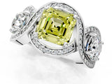 Silver Three-Stone Fancy Yellow Asscher Cut Diamond Wave Pave Band with Prong Setting_7